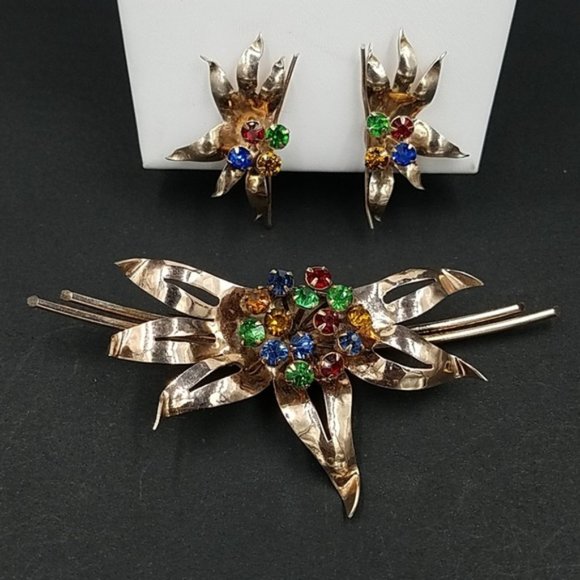 Vintage 1940's Sterling Rose Gold Plated Rhinestone Set - Picture 1 of 7